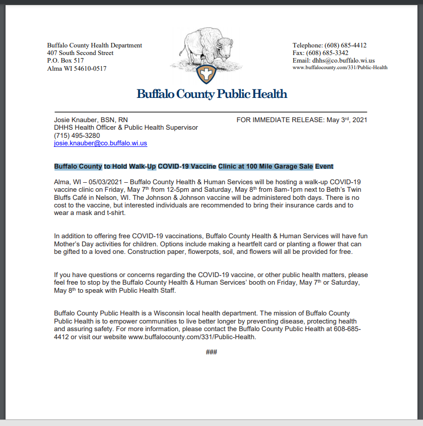 Buffalo County News Release