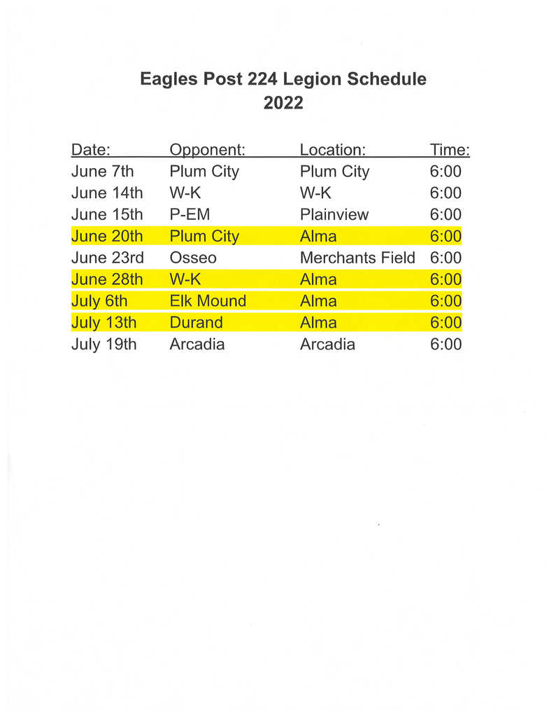 Legion Baseball Schedule